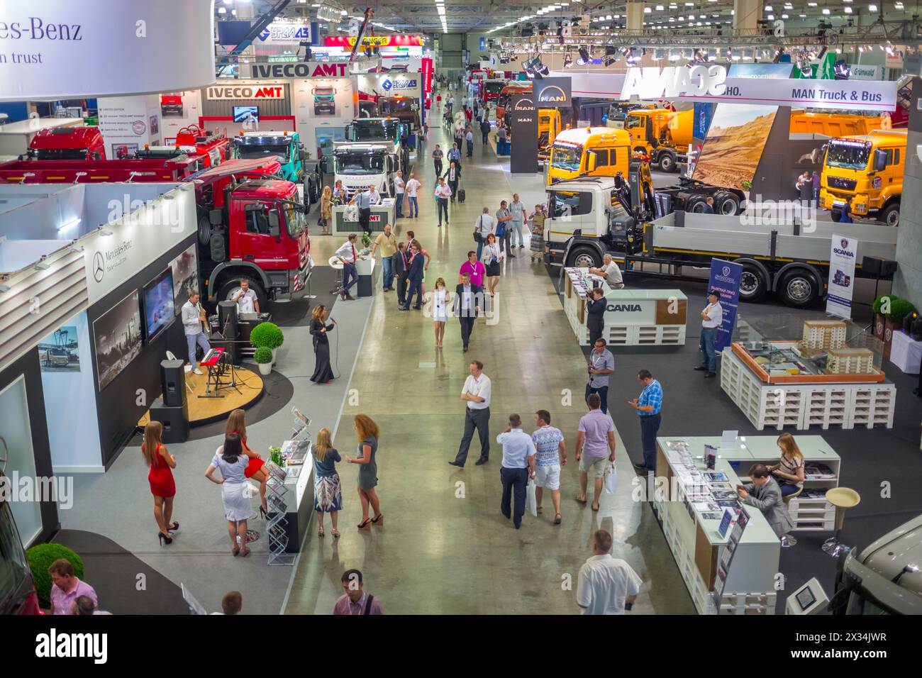 MOSCOW, RUSSIA - JUN 06, 2014: big auto trade show commercial vehicle manufacturers of famous brands on International Specialized Exhibition of Constr Stock Photo