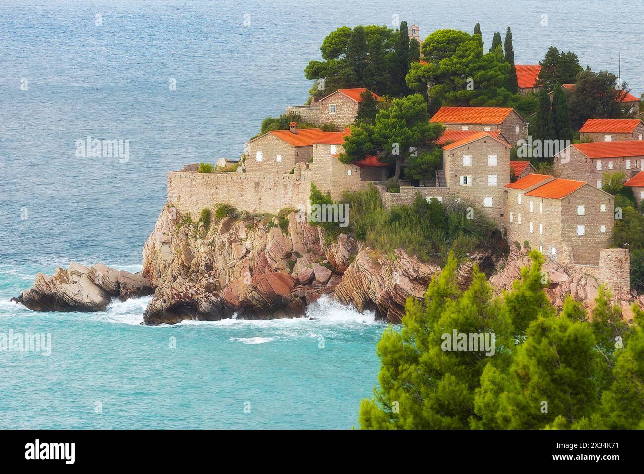 Sveti Stefan island in Budva, Montenegro high angle view Stock Photo
