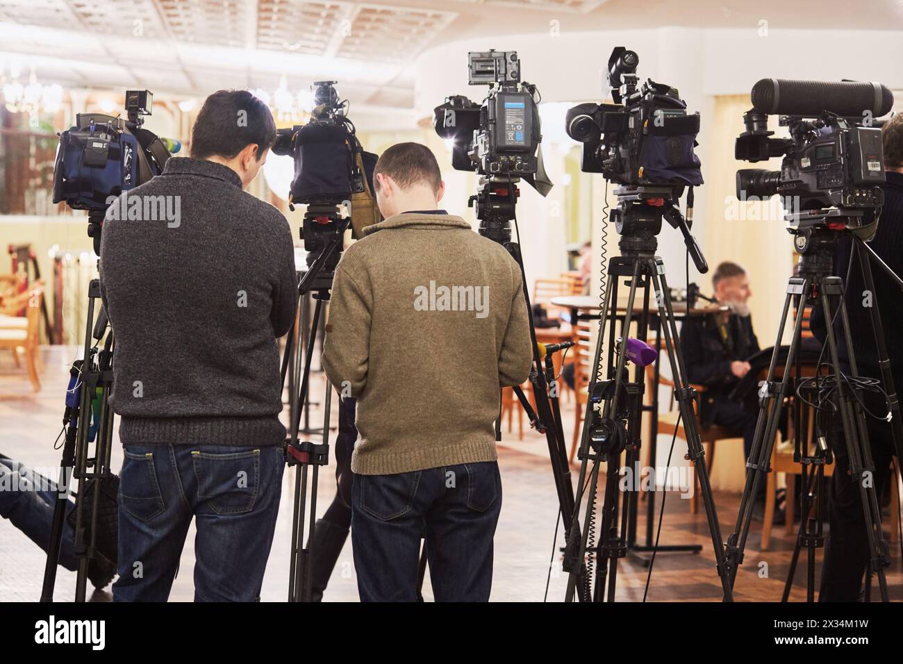 MOSCOW, RUSSIA - JAN 15, 2015: Cameramen before shooting interview in foyer of Moscow theatre Et Cetera after media preview of Boris Godunov directed Stock Photo