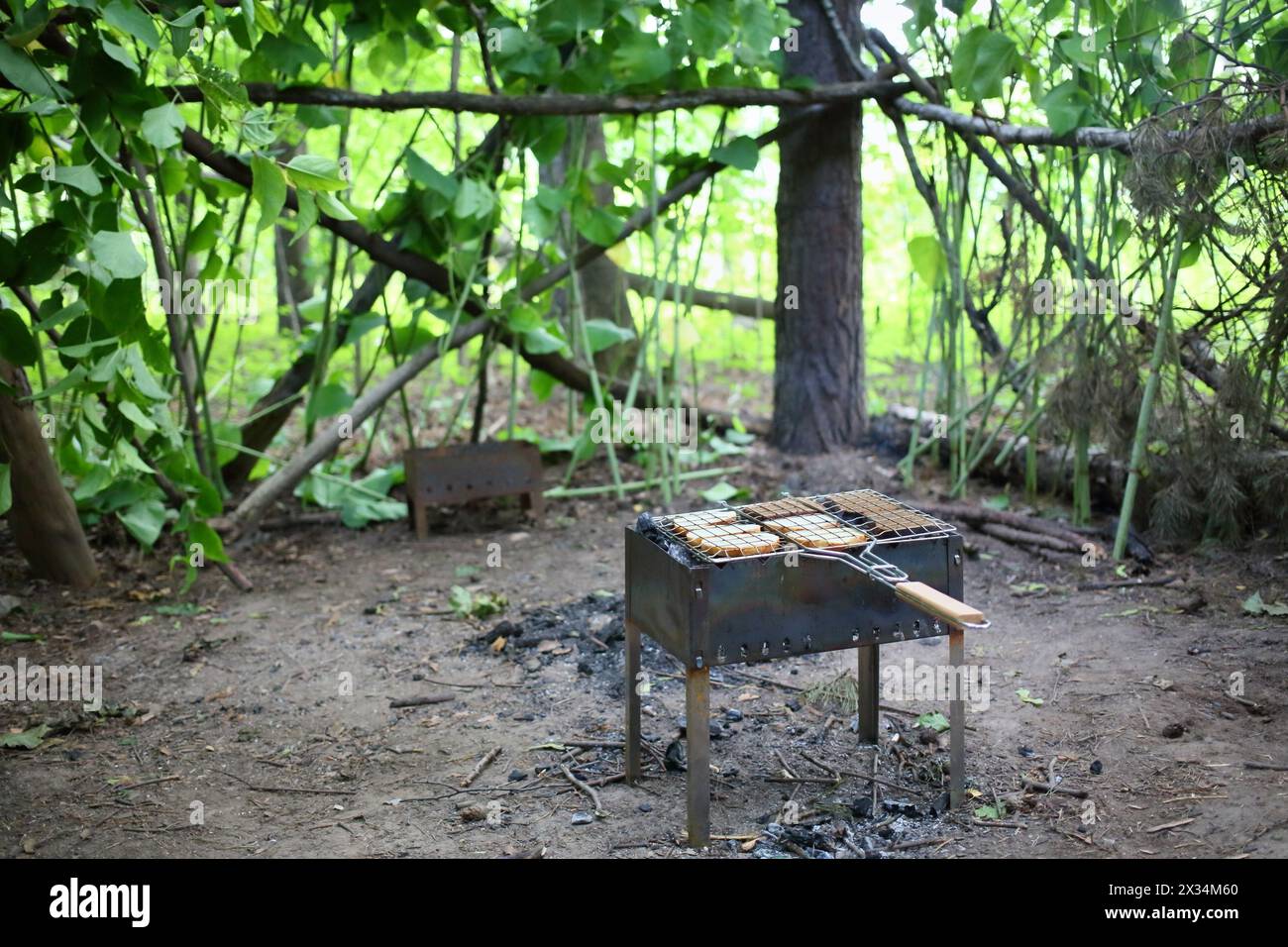 Brazier with grille and slices of bread on a cleared area in the forest Stock Photo