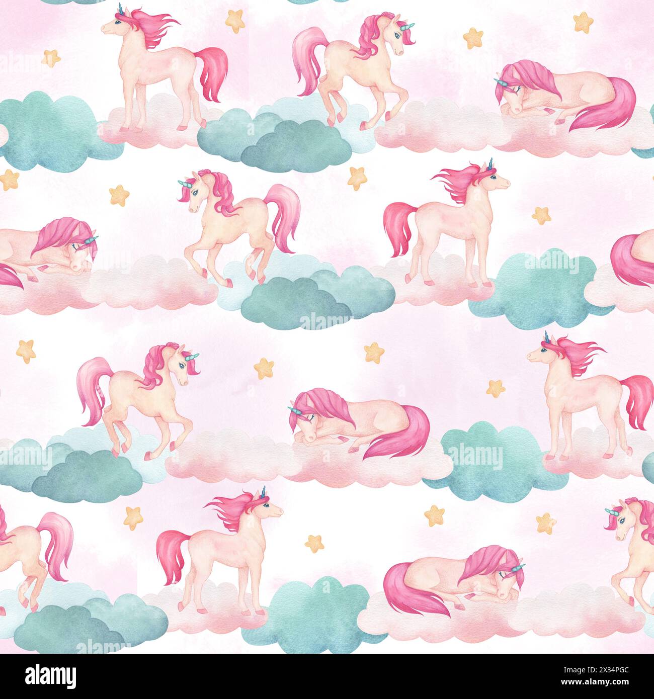 Watercolor seamless pattern with illustration of a cute unicorns on ...