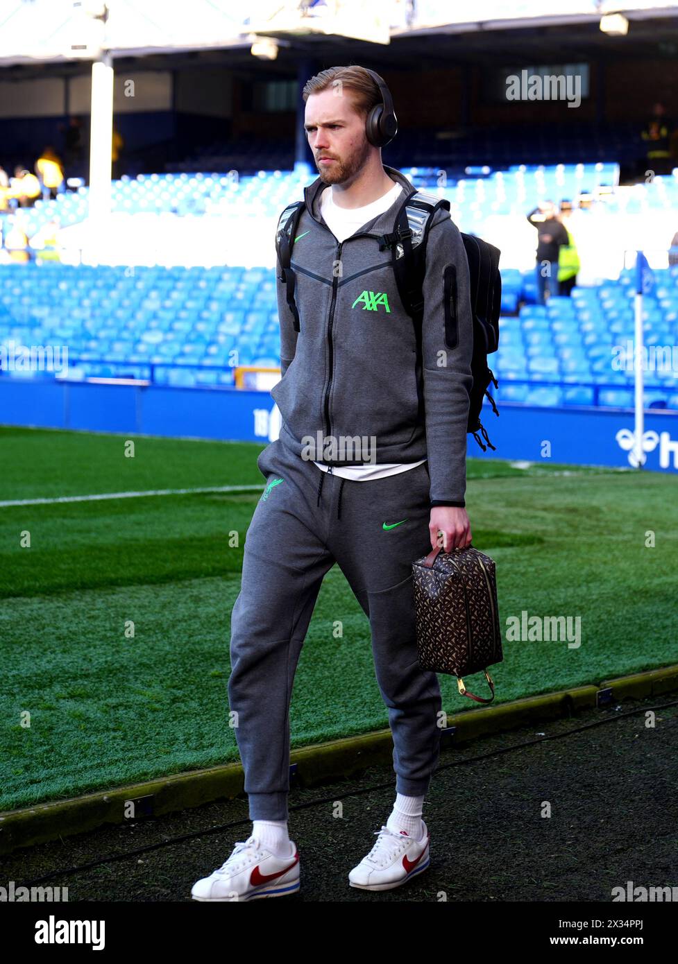 Liverpool goalkeeper Caoimhin Kelleher arrives ahead of the Premier League match at Goodison Park, Liverpool. Picture date: Wednesday April 24, 2024. Stock Photo