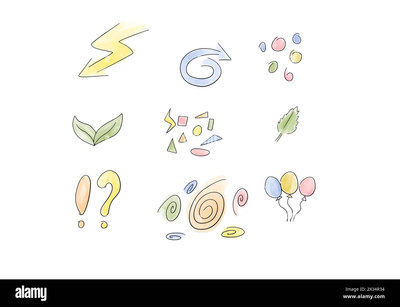 Set of watercolor doodle elements, vector illustration. Stock Vector