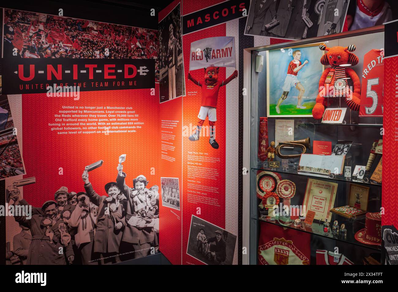 Manchester United football team museum historic exhibits inside Old Trafford stadium. Stock Photo