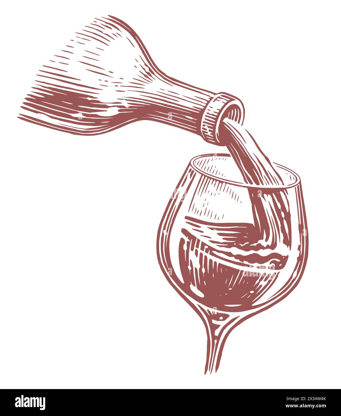 Wine pouring from bottle into glass, wineglass. Hand drawn sketch vector illustration Stock Vector