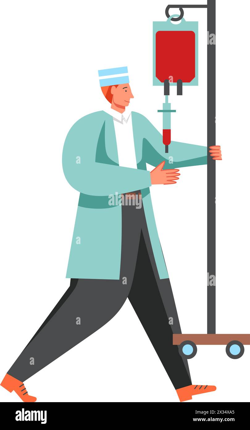 Man in medical uniform, nurse carrying pole with iv drip bag, vector flat illustration isolated on white background. Medicine and healthcare, medical Stock Vector