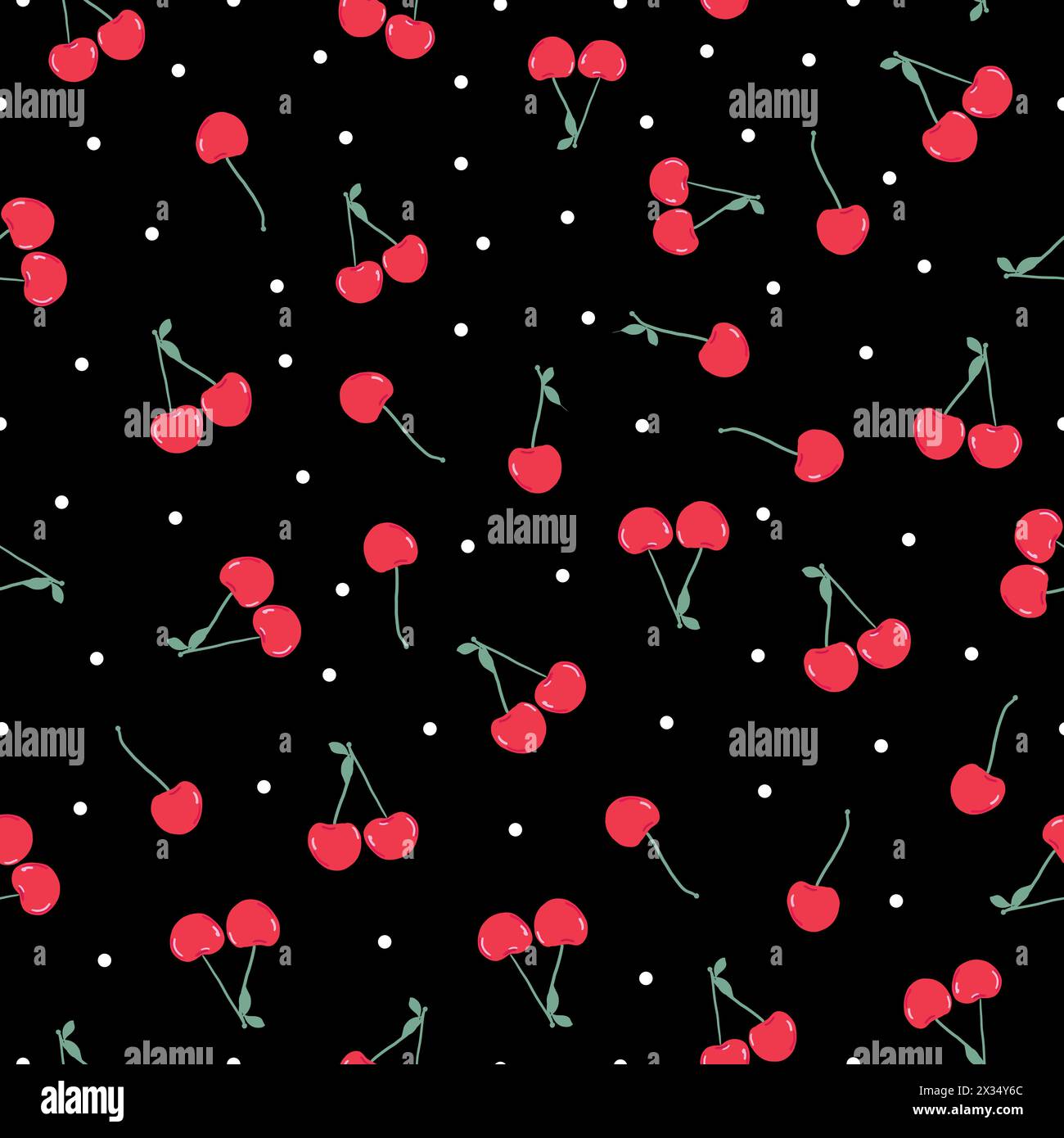 Cherries and dots seamless fabric design pattern black background Stock Vector