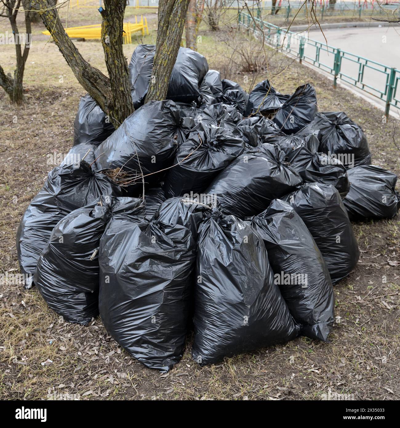 Spring garbage and last year's leaves in black bags near tree Stock Photo