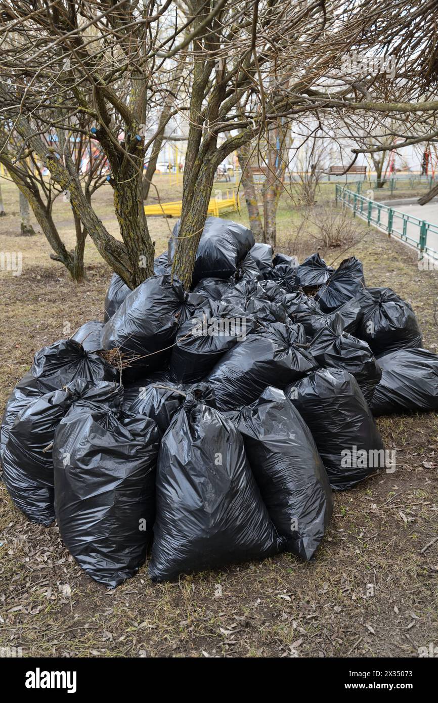 Spring garbage and last year's leaves in black bags near tree Stock Photo