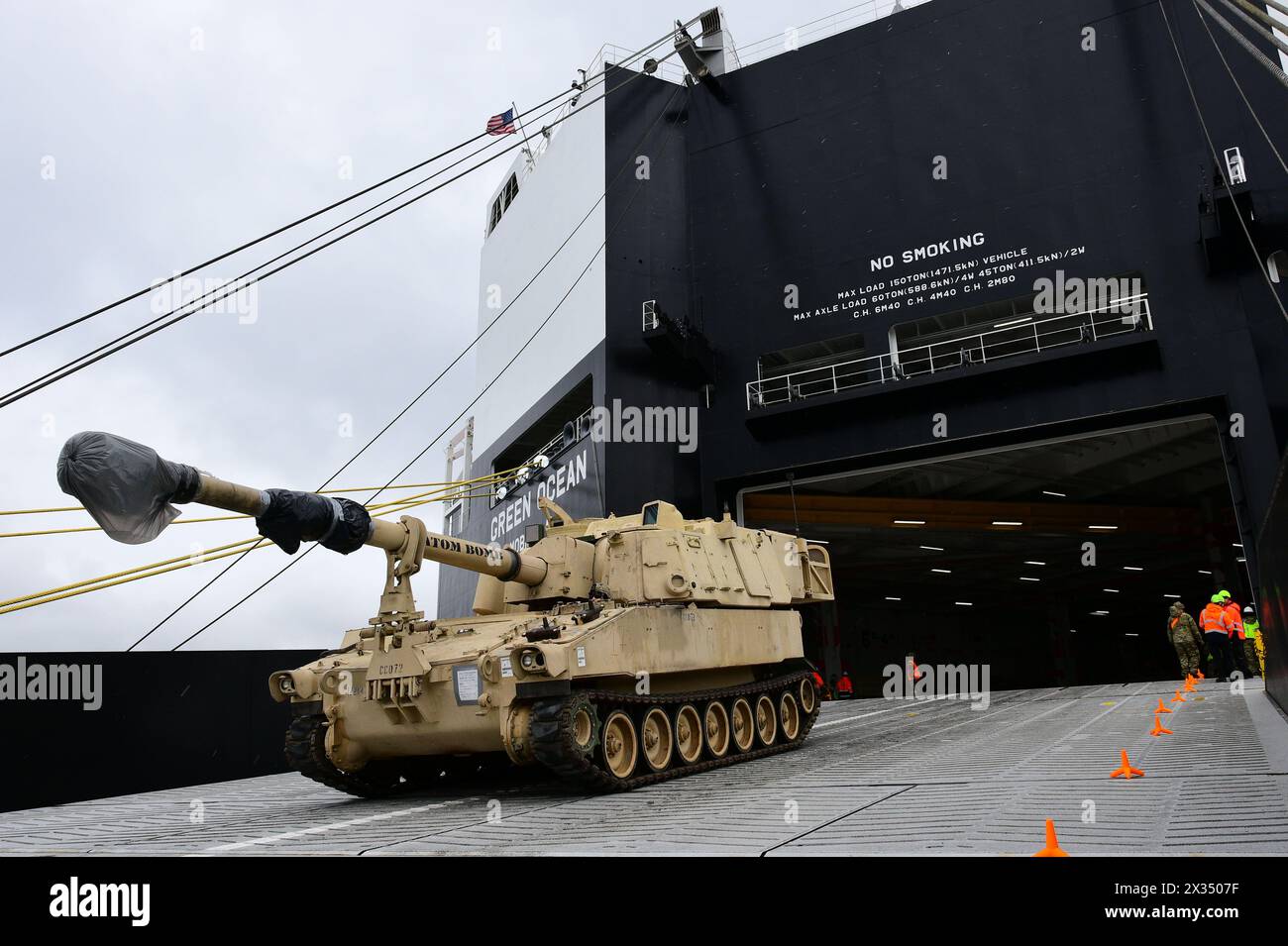 Kalundborg, Denmark. 19 April, 2024. A U.S Army self-propelled howitzer rolls off the MV Green Ocean, part of more than 900 pieces of military equipment that are offloaded for exercise Steadfast Defender 24 at the port of Kalundborg, April 19, 2024, in Kalundborg, Denmark.  Credit: Elena Baladelli/US Army Photo/Alamy Live News Stock Photo