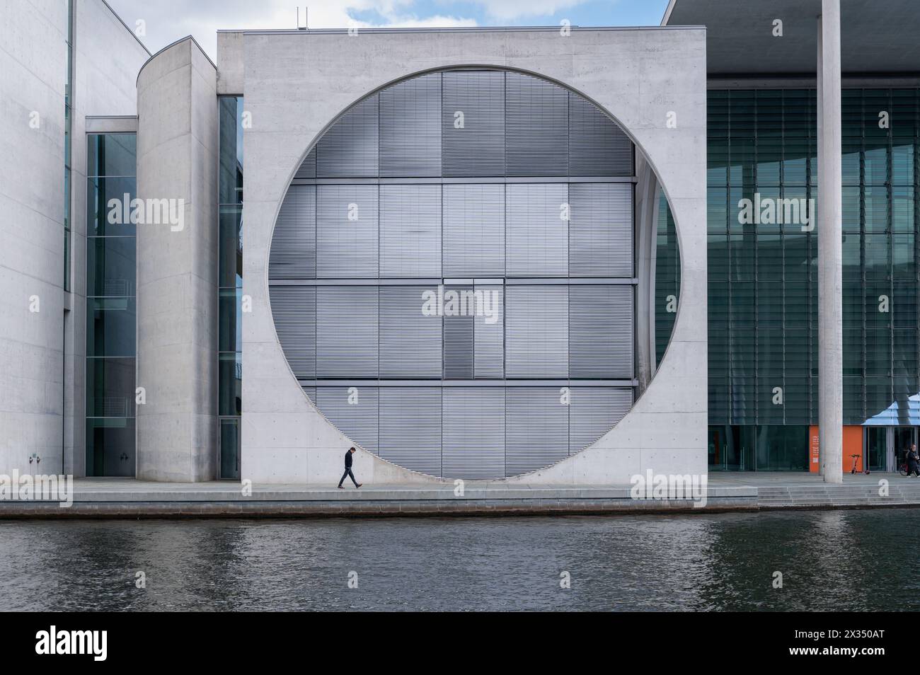 23.04.2024, Berlin, Germany, Europe - View of the futuristic Marie-Elisabeth-Lueders-Haus building along the Spree River in the government district. Stock Photo