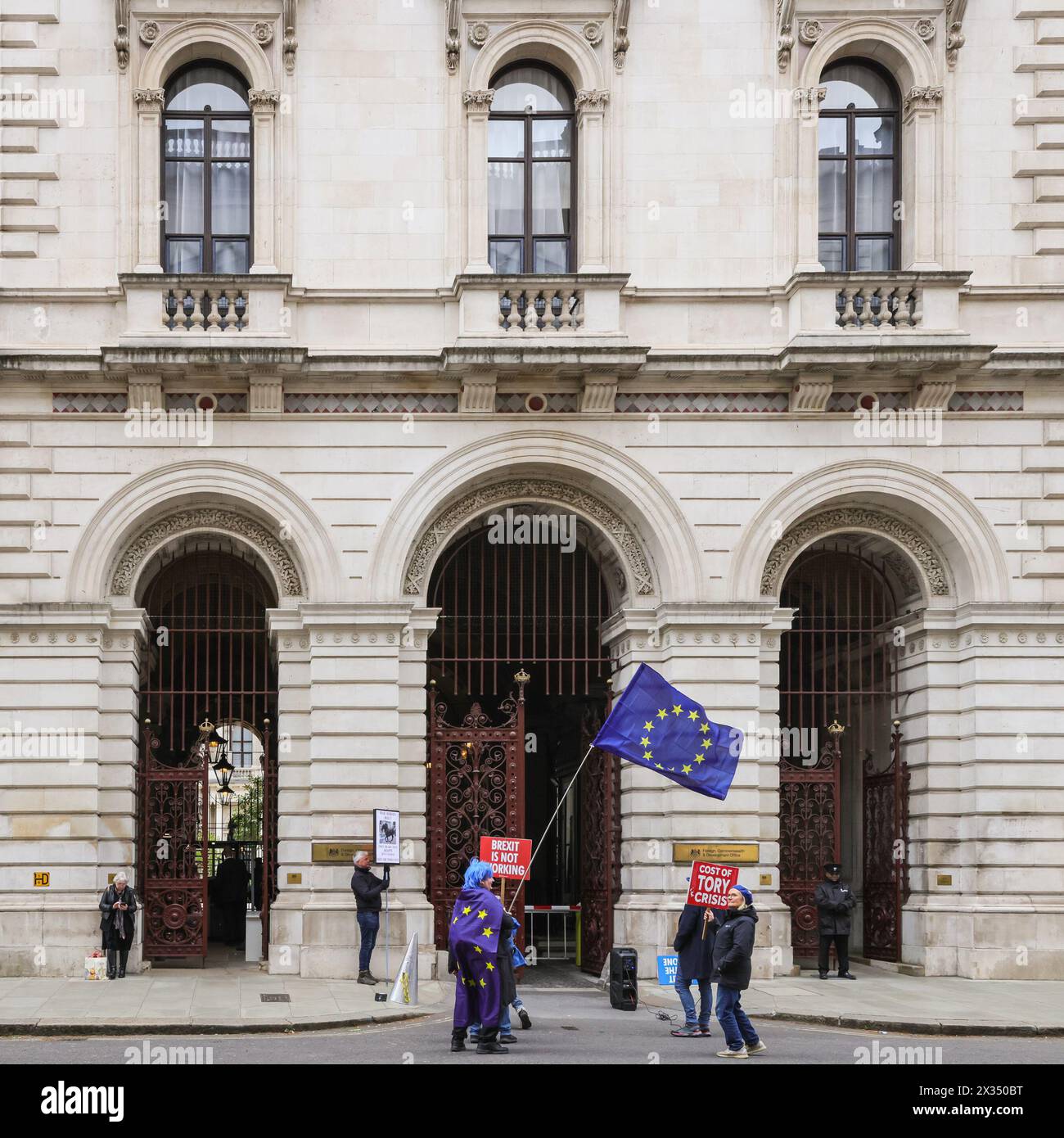 Westminster, London, UK. 24th Apr, 2024. Pro-EU, anti-government activists around Westminster 'Stop Brexit Man' Steve Bray take their protest with flags and placards to the entrance of the Foreign and Commonwealth Office for a while today, before returning to their regular spot outside Parliament. Credit: Imageplotter/Alamy Live News Stock Photo