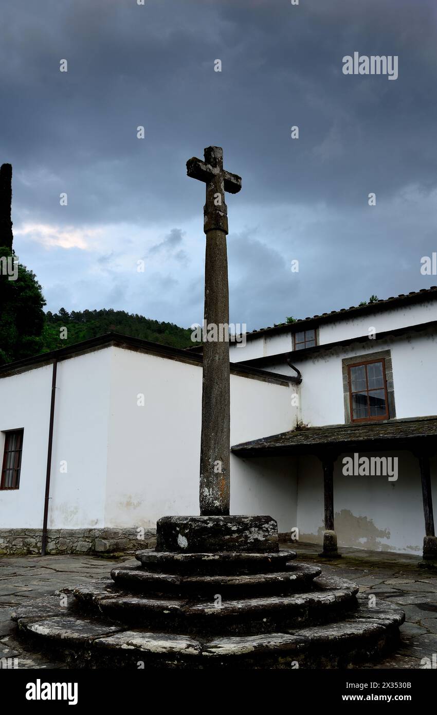 Cross of the church of San Salvador do Hospital, Quiroga, Lugo, Spain Stock Photo