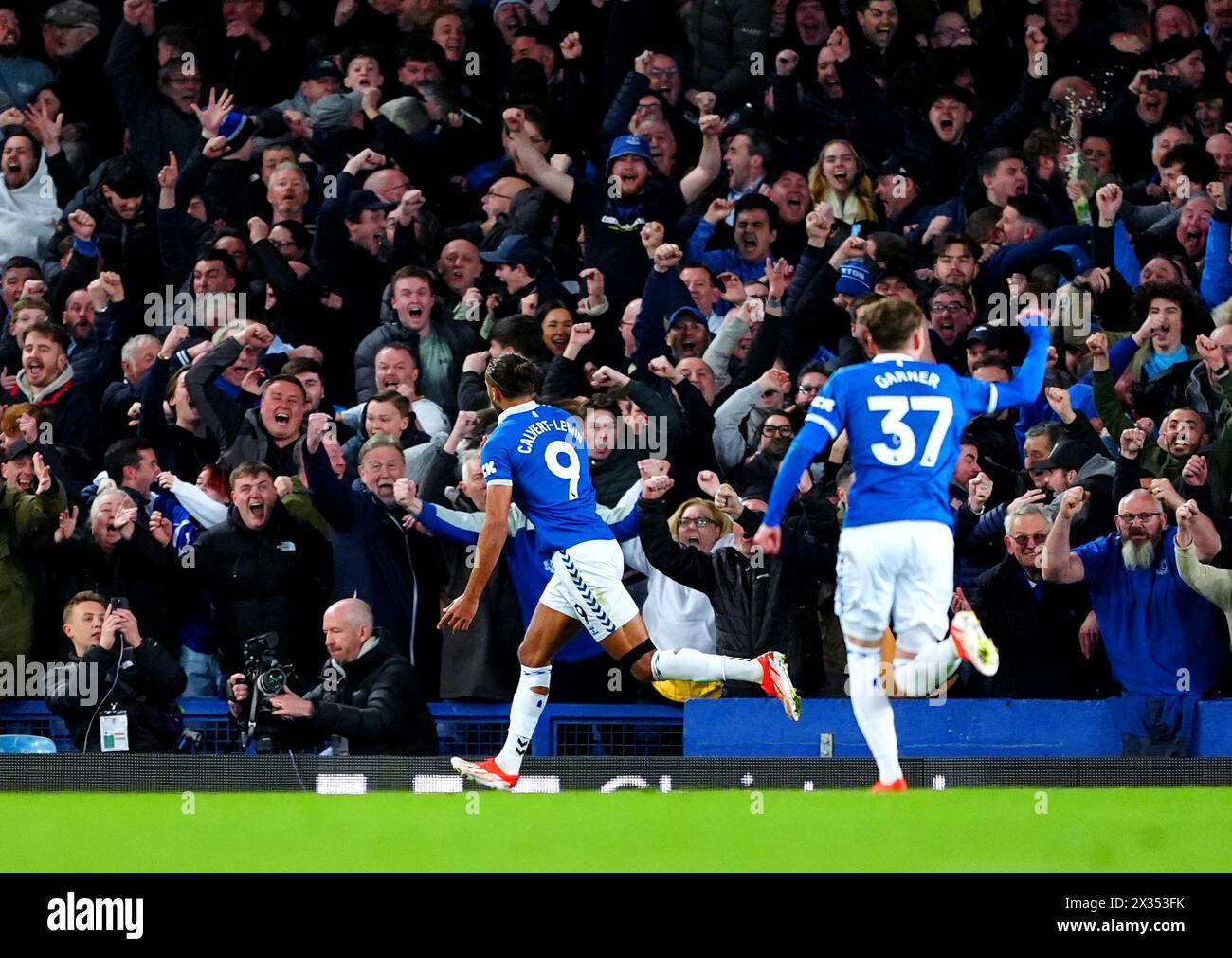 Everton's Dominic Calvert-Lewin (left) celebrates scoring their side's second goal of the game during the Premier League match at Goodison Park, Liverpool. Picture date: Wednesday April 24, 2024. Stock Photo