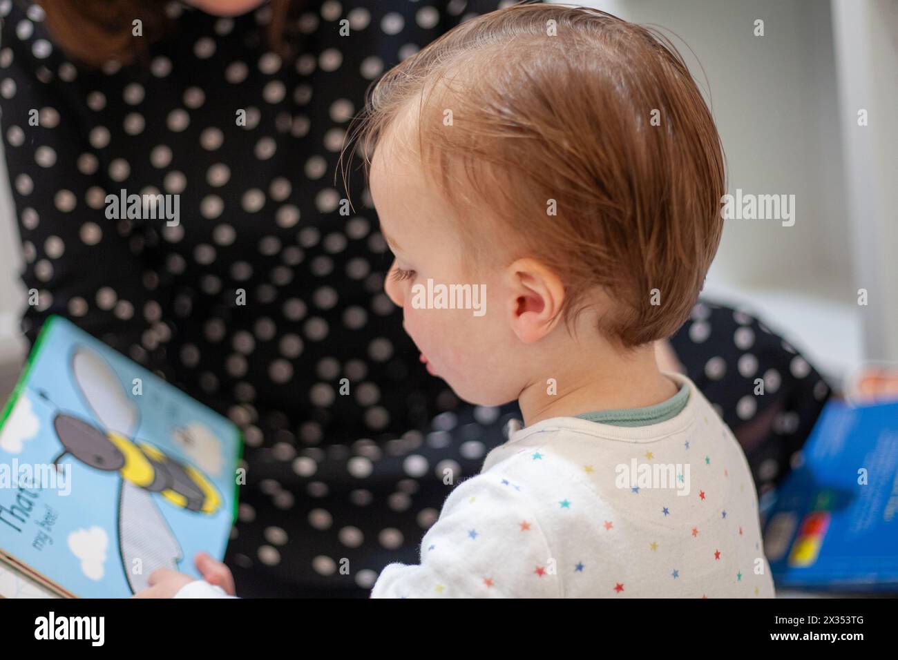 A heartwarming moment as a mother reads a bedtime story to her 2-year-old son. Stock Photo