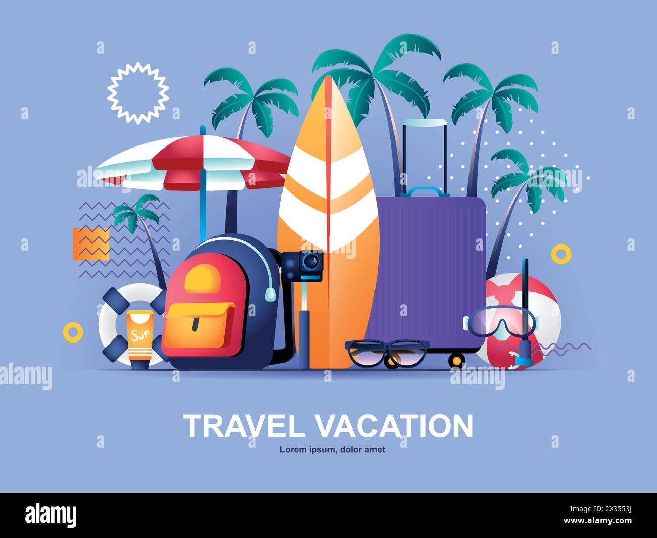 Travel vacation flat concept with gradients. Booking of airline tickets and hotel rooms web template. Summer holidays at seaside 3d composition, tropi Stock Vector