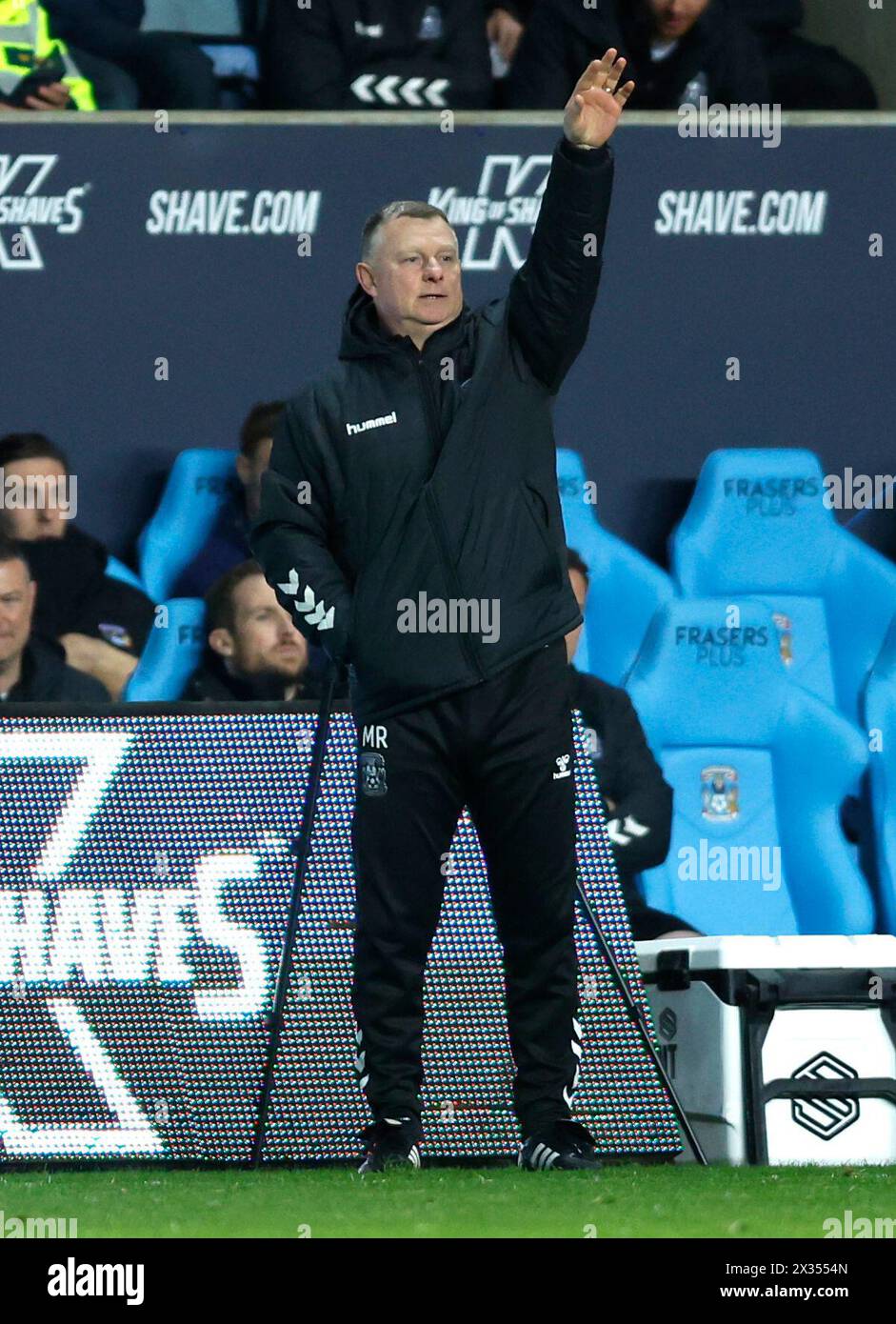 Coventry City manager Mark Robins during the Sky Bet Championship match at Coventry Building Society Arena, Coventry. Picture date: Wednesday April 24, 2024. Stock Photo