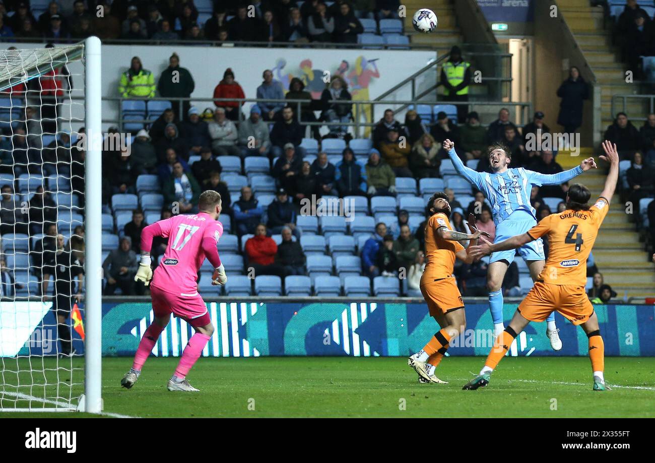 Coventry City's Liam Kitching attempts a shot on goal during the Sky Bet Championship match at Coventry Building Society Arena, Coventry. Picture date: Wednesday April 24, 2024. Stock Photo