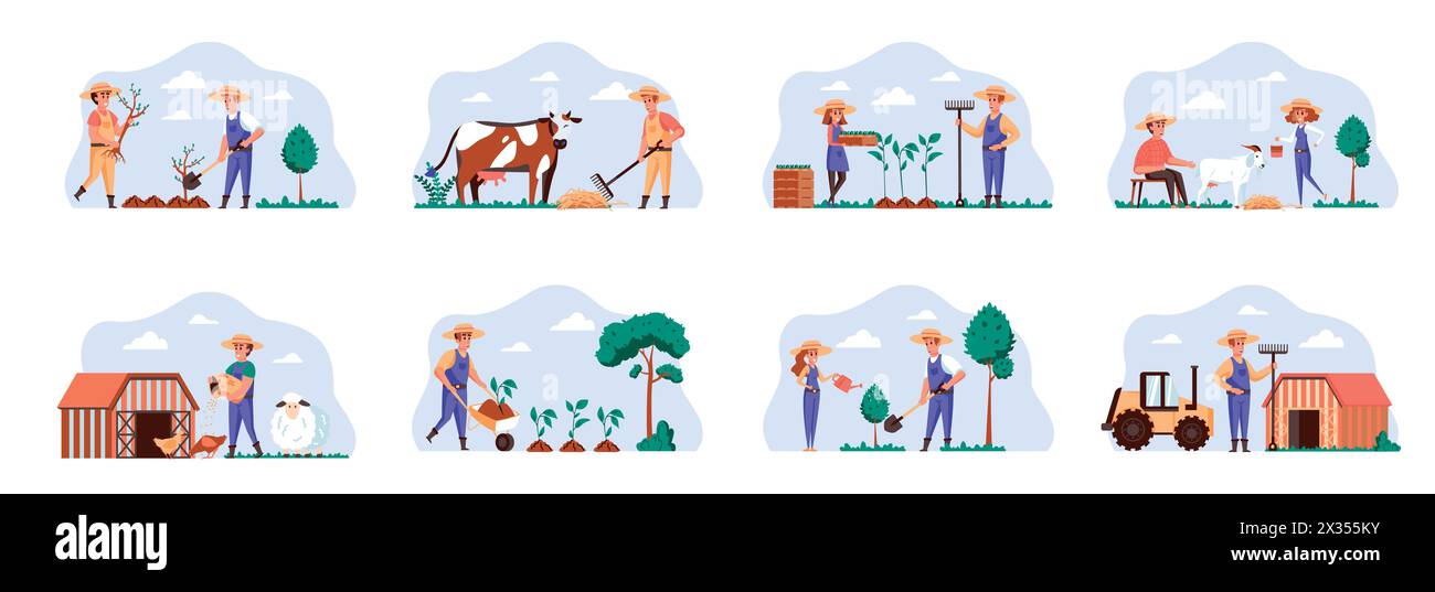 Farmers scenes bundle with people characters. Farmers planting and watering trees, gardening and animal husbandry, milking cow and goat situations. Ag Stock Vector