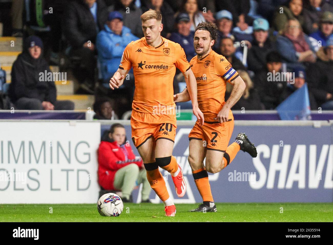 Coventry, UK. 24th Apr, 2024. Liam Delap of Hull City in attacking action during the EFL Sky Bet Championship match between Coventry City and Hull City at the Coventry Building Society Arena, Coventry, England on 24 April 2024. Photo by Stuart Leggett. Editorial use only, license required for commercial use. No use in betting, games or a single club/league/player publications. Credit: UK Sports Pics Ltd/Alamy Live News Stock Photo