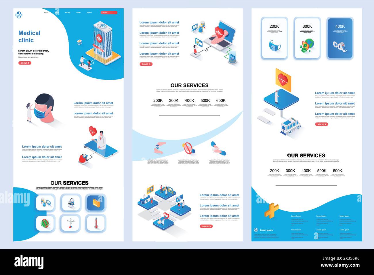 Medical clinic isometric landing page. Medical rehabilitation center