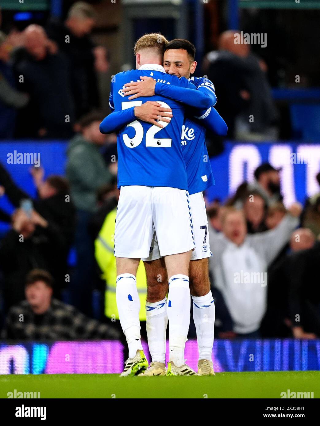 Everton's Jarrad Branthwaite (left) and Dwight McNeil celebrate at the end of the Premier League match at Goodison Park, Liverpool. Picture date: Wednesday April 24, 2024. Stock Photo