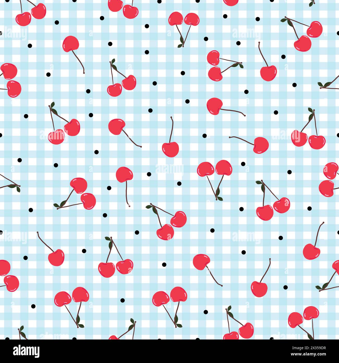 Cherries and dots with plaid pattern seamless fabric design pattern Stock Vector