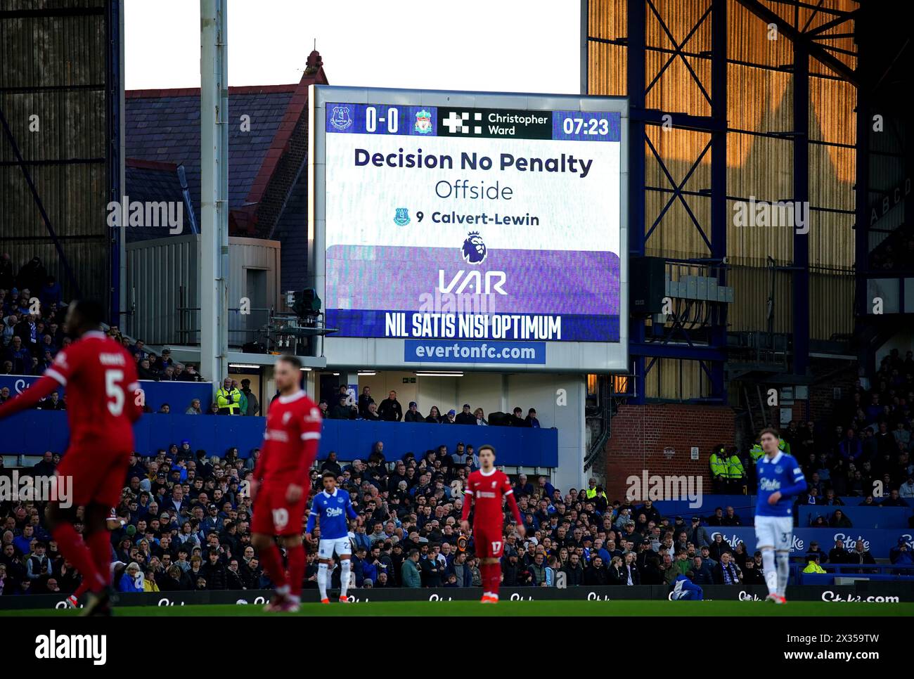 A VAR decision for a possible penalty is shown on the big screen during the Premier League match at Goodison Park, Liverpool. Picture date: Wednesday April 24, 2024. Stock Photo