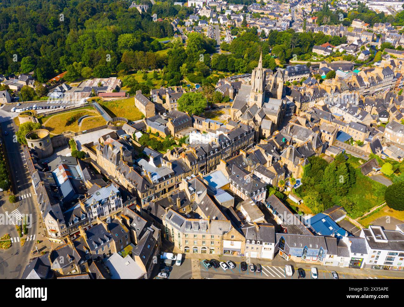 Drone view of Guingamp with Basilica and castle walls, France Stock Photo