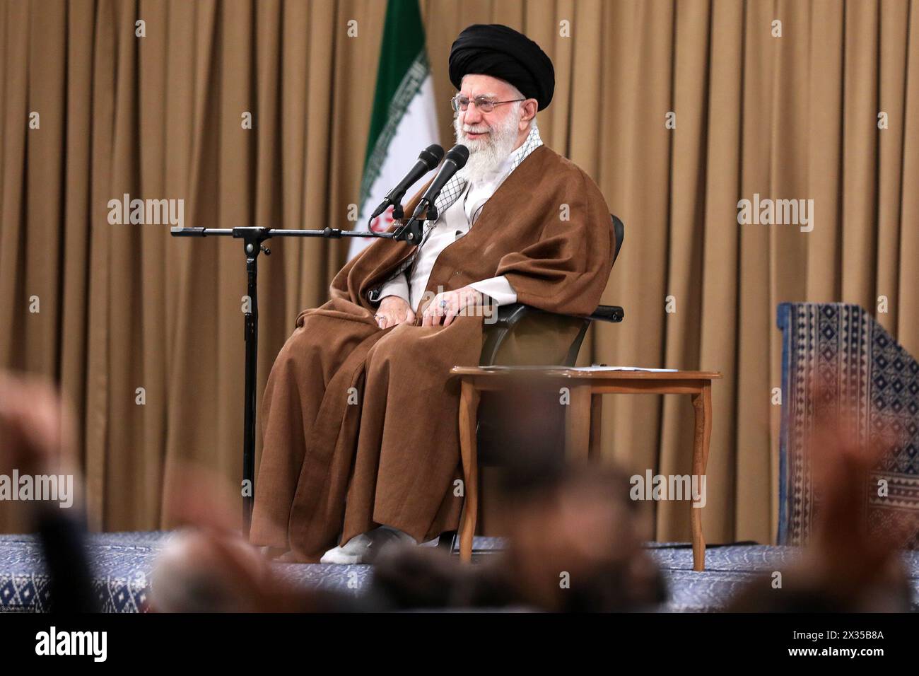 Tehran, Iran. 24th Apr, 2024. Iranian Supreme Leader Ayatollah ALI KHAMENEI meeting with a group