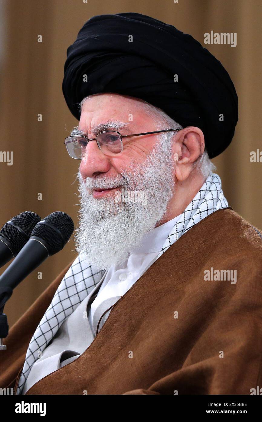 Tehran, Iran. 24th Apr, 2024. Iranian Supreme Leader Ayatollah ALI KHAMENEI meeting with a group