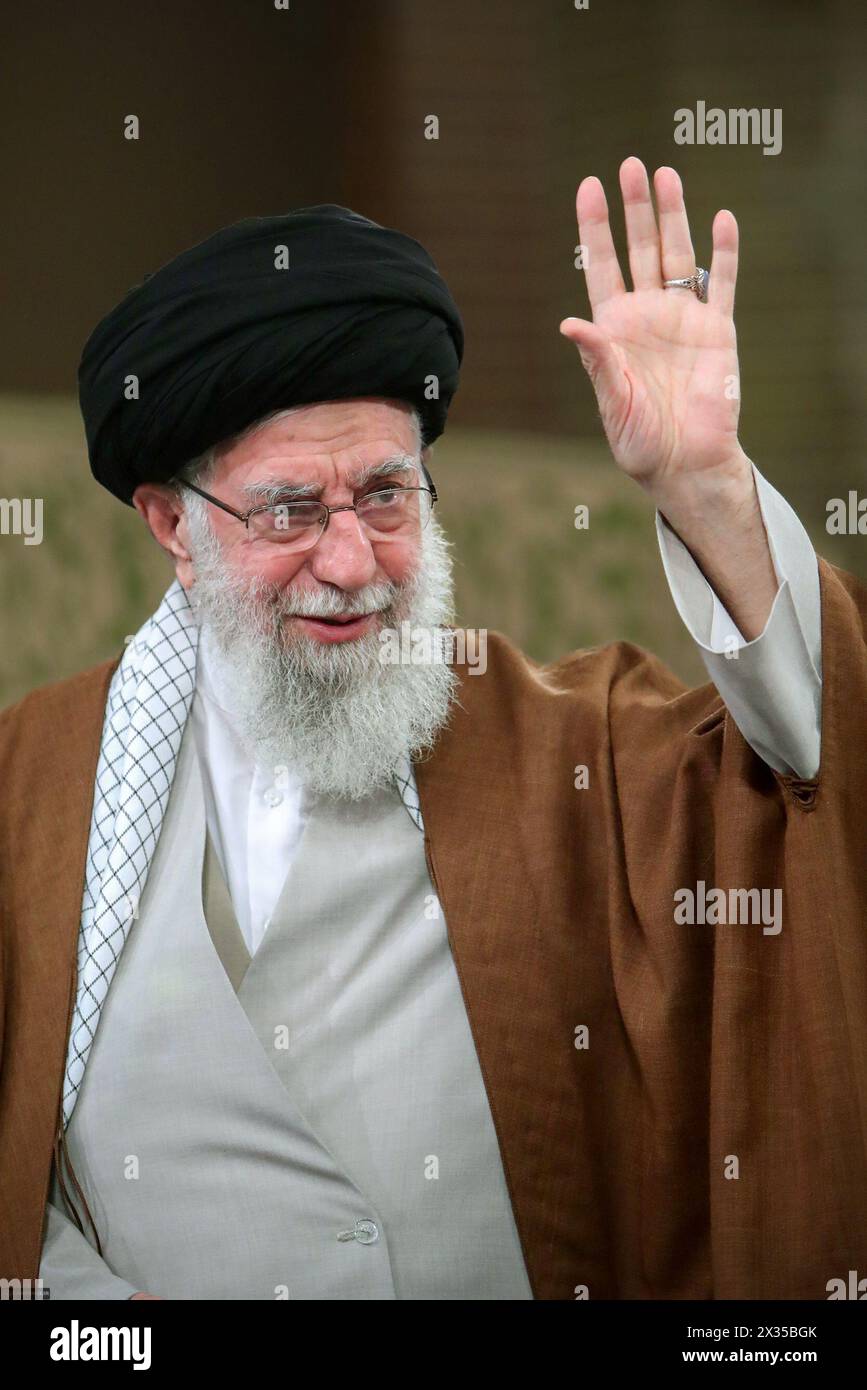Tehran, Iran. 24th Apr, 2024. Iranian Supreme Leader Ayatollah ALI KHAMENEI meeting with a group