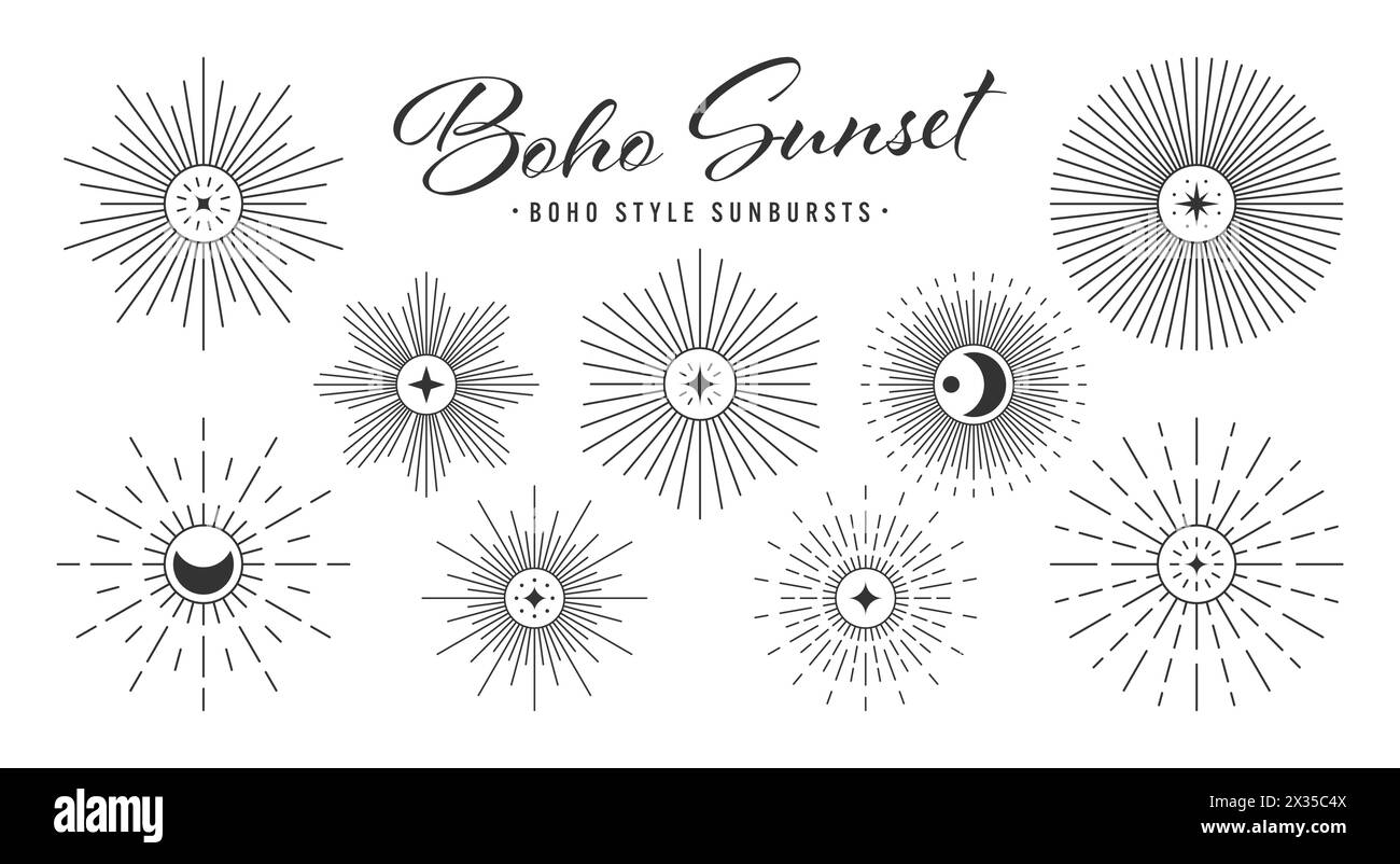 Vintage sunburst, sunset beams collection. Boho style, modern minimalist bohemian design. Hand drawn bursting sun, light rays. Logotype or lettering Stock Vector