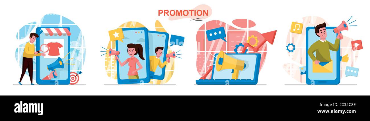 Promotion concept scenes set. Marketing team attracting buyers, makes advertising content at mobile application. Collection of people activities. Vect Stock Vector