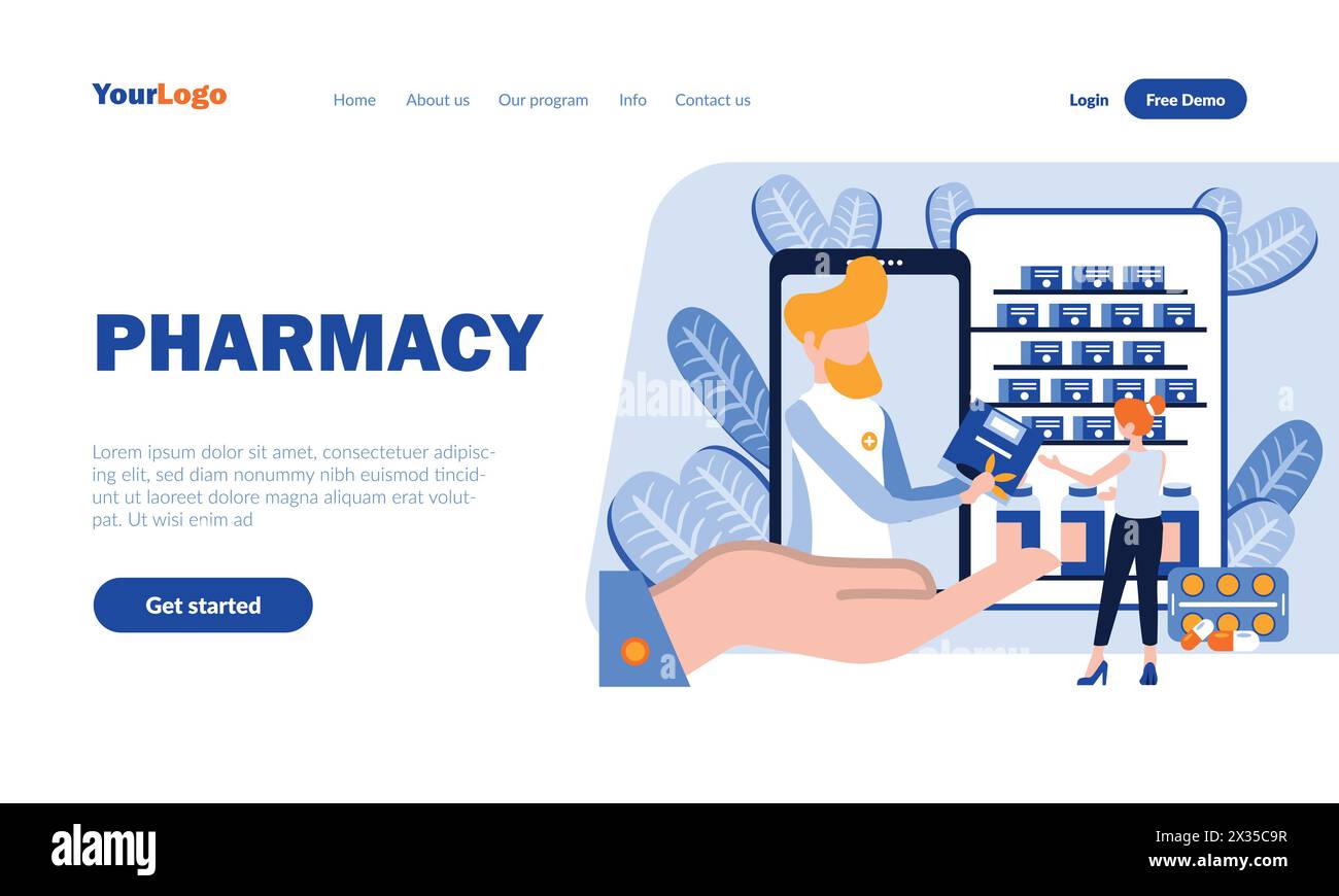 Pharmacy flat landing page template with header. Online drugstore, medicine mobile app web banner, homepage design. Internet ordering remedies vector Stock Vector