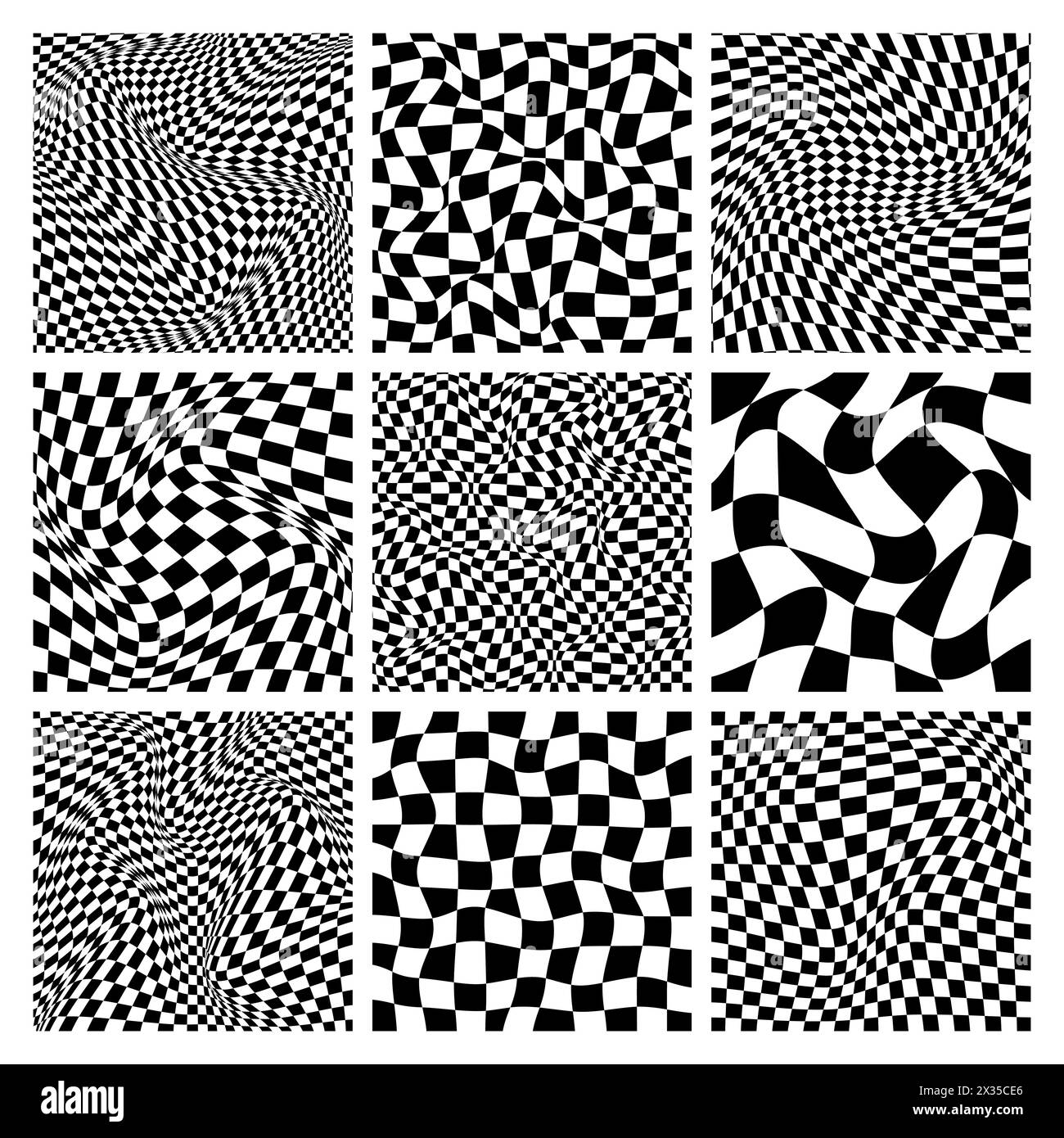 Trendy checkered pattern, black and white distorted tiled grid. Wavy ...