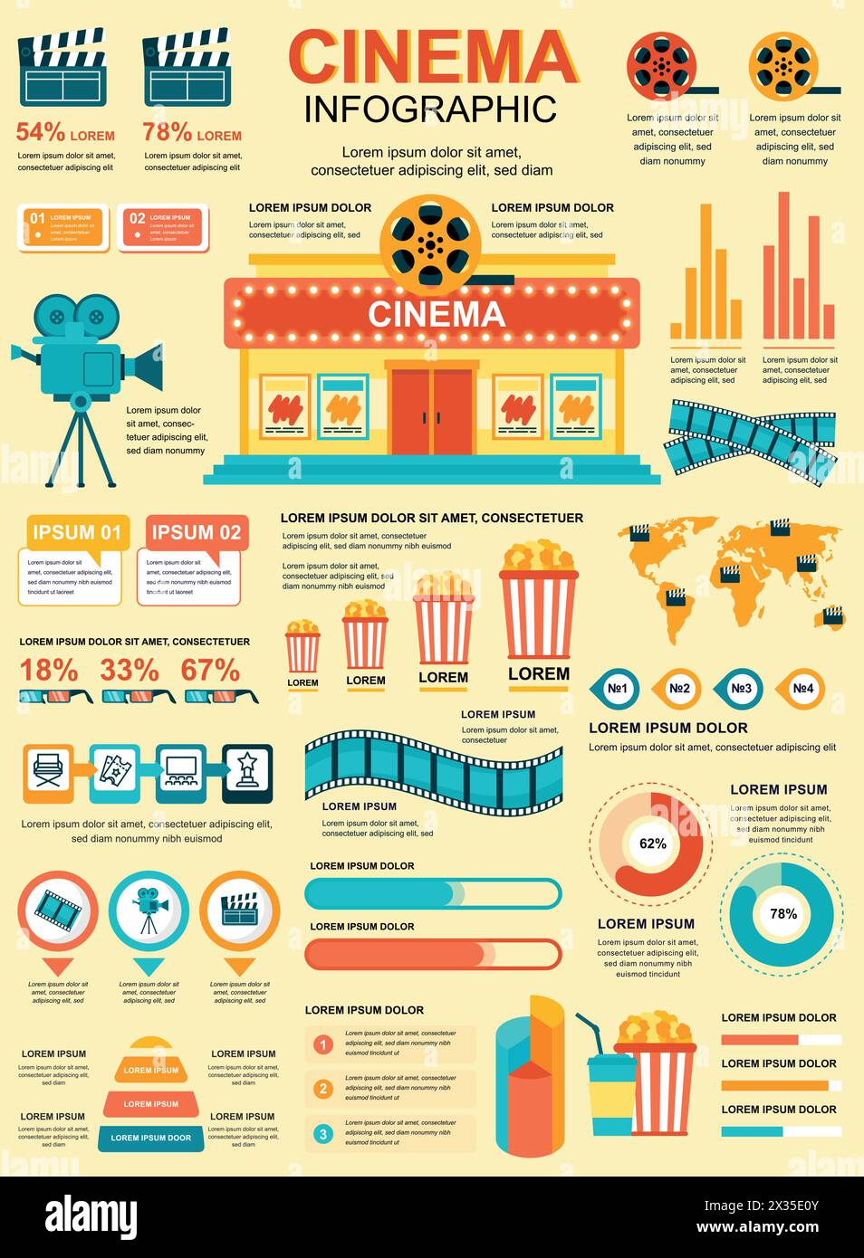 Cinema banner with infographic elements. Film industry poster template with flowchart, data visualization, timeline, workflow, illustration. Vector in Stock Vector