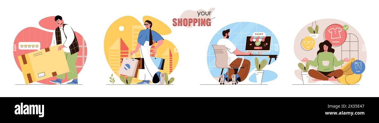Shopping concept scenes set. Buyers with purchases in packages, make online purchases, receive parcels with orders. Collection of people activities. V Stock Vector