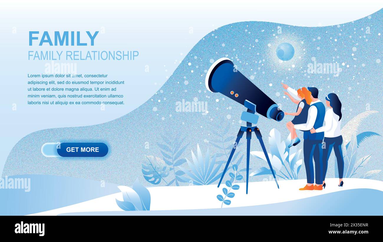 Family relationship flat landing page with header. Mother, father and child looking at stars in large telescope banner vector template. Stargazing, as Stock Vector