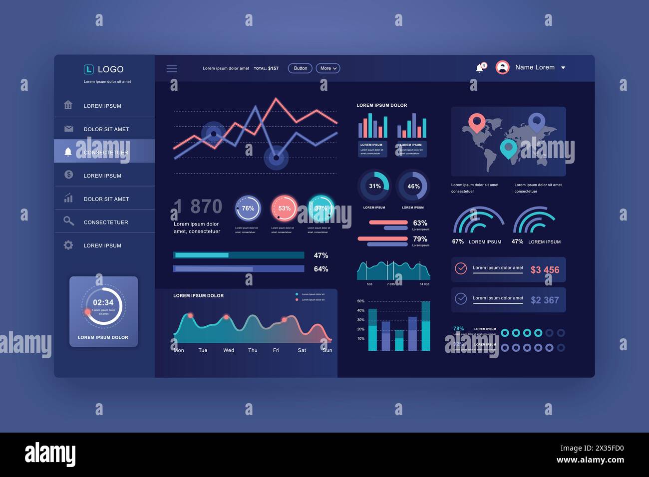 Dashboard UI. Admin panel vector design template with infographic ...