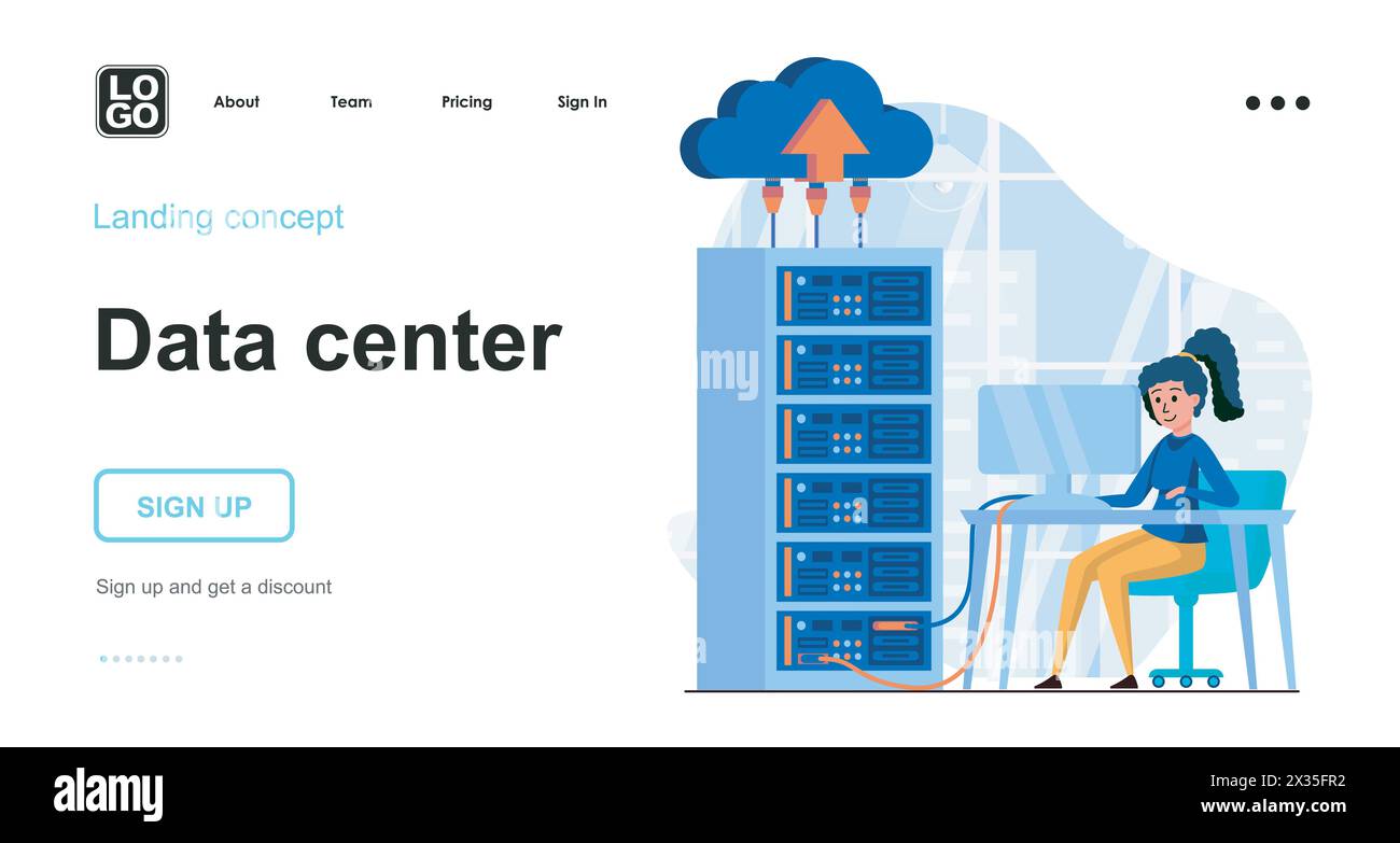Data server web concept. Woman engineer maintains work in server room ...