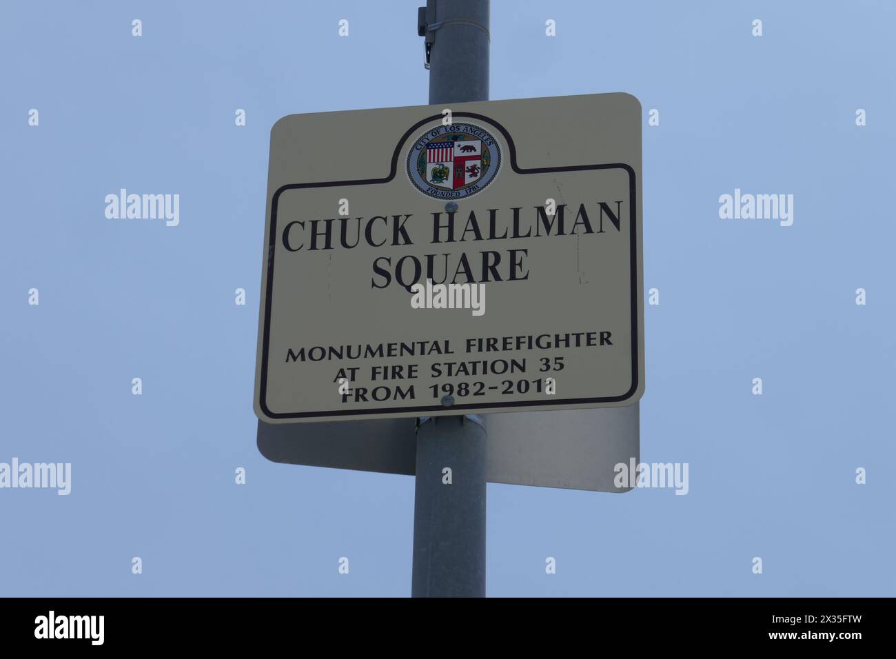 Los Angeles, California, USA 24th April 2024 Chuck Hallman Square Sign at Fire Station #35 on Hillhurst Avenue on April 24, 2024 in Los Angeles, California, USA. Photo by Barry King/Alamy Stock Photo Stock Photo