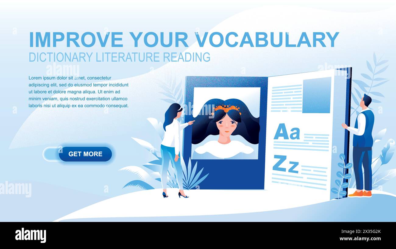 Vocabulary improvement flat landing page with header. Learning new words and phrases, reading literature. Online dictionary website layout, foreign la Stock Vector