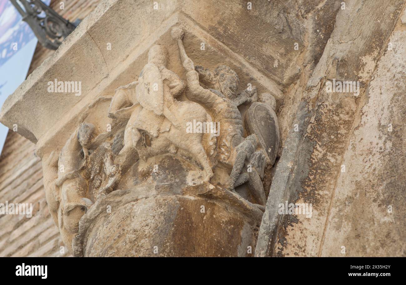 Fight between Roland and the giant Ferragut, Palace of the Monarchs of Navarre, Estella-Lizarra town, Navarre, Northern Spain Stock Photo