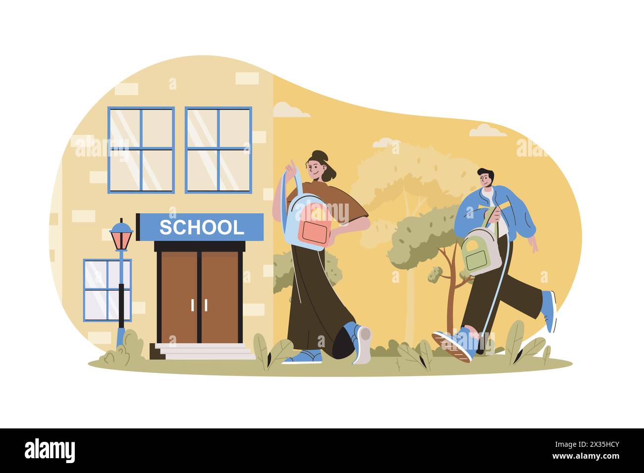Children go to school web character concept. Pupils with schoolbags go to lessons. Teenage classmates rush to college, isolated scene with persons. Ve Stock Vector