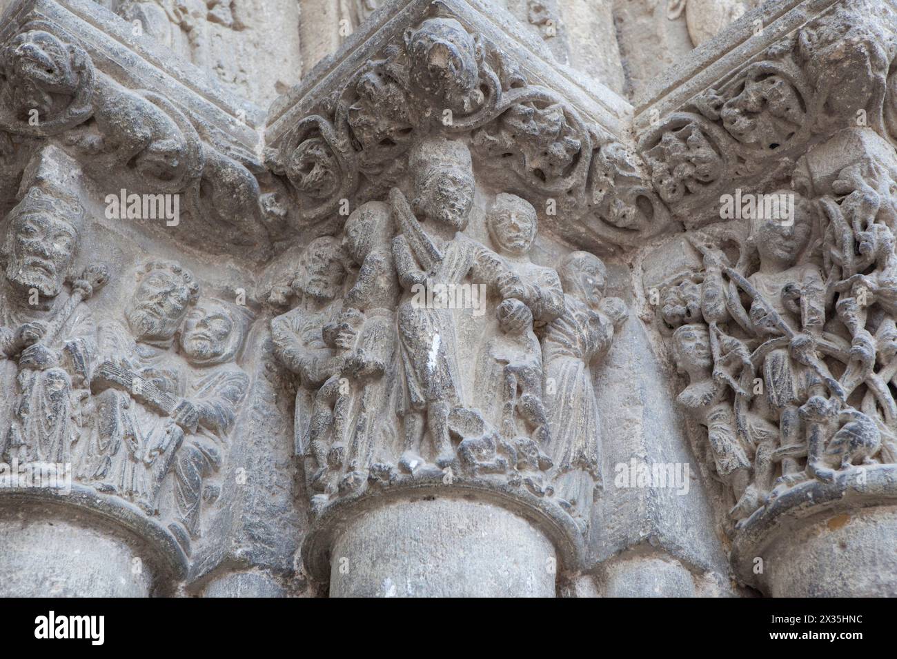 Church of San Miguel portal. Estella-Lizarra town, Navarre, Northern Spain. Slaughter of the innocents Stock Photo