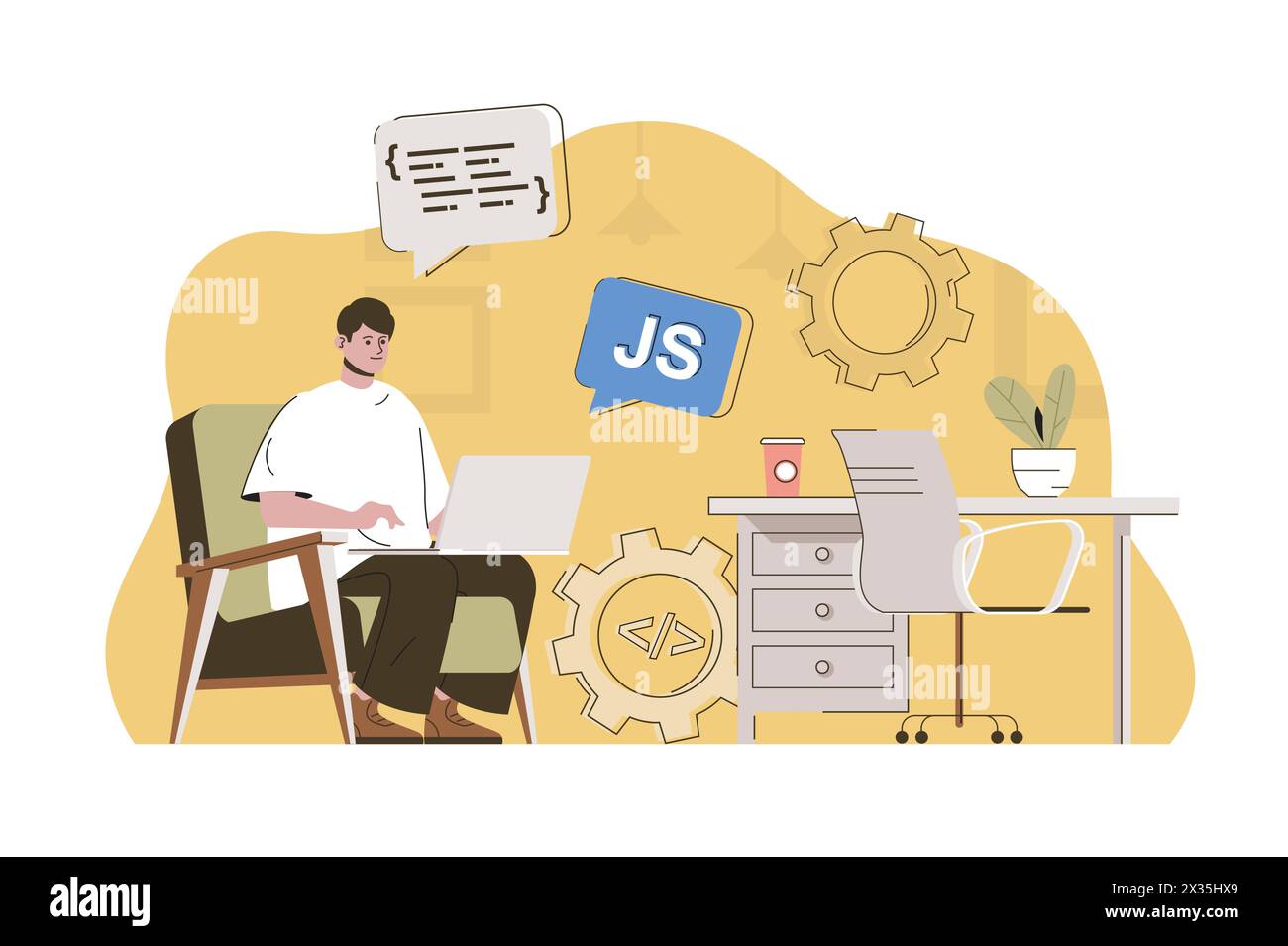 Front-end developer concept. Man creates web page, JavaScript ...
