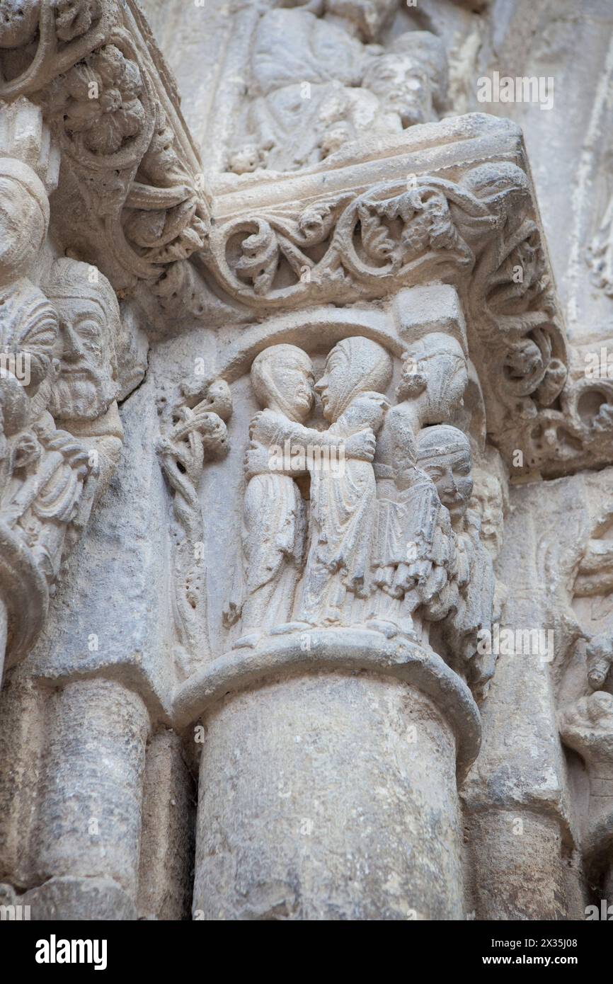 Church of San Miguel portal. Estella-Lizarra town, Navarre, Northern Spain, Visitation and Nativity Stock Photo