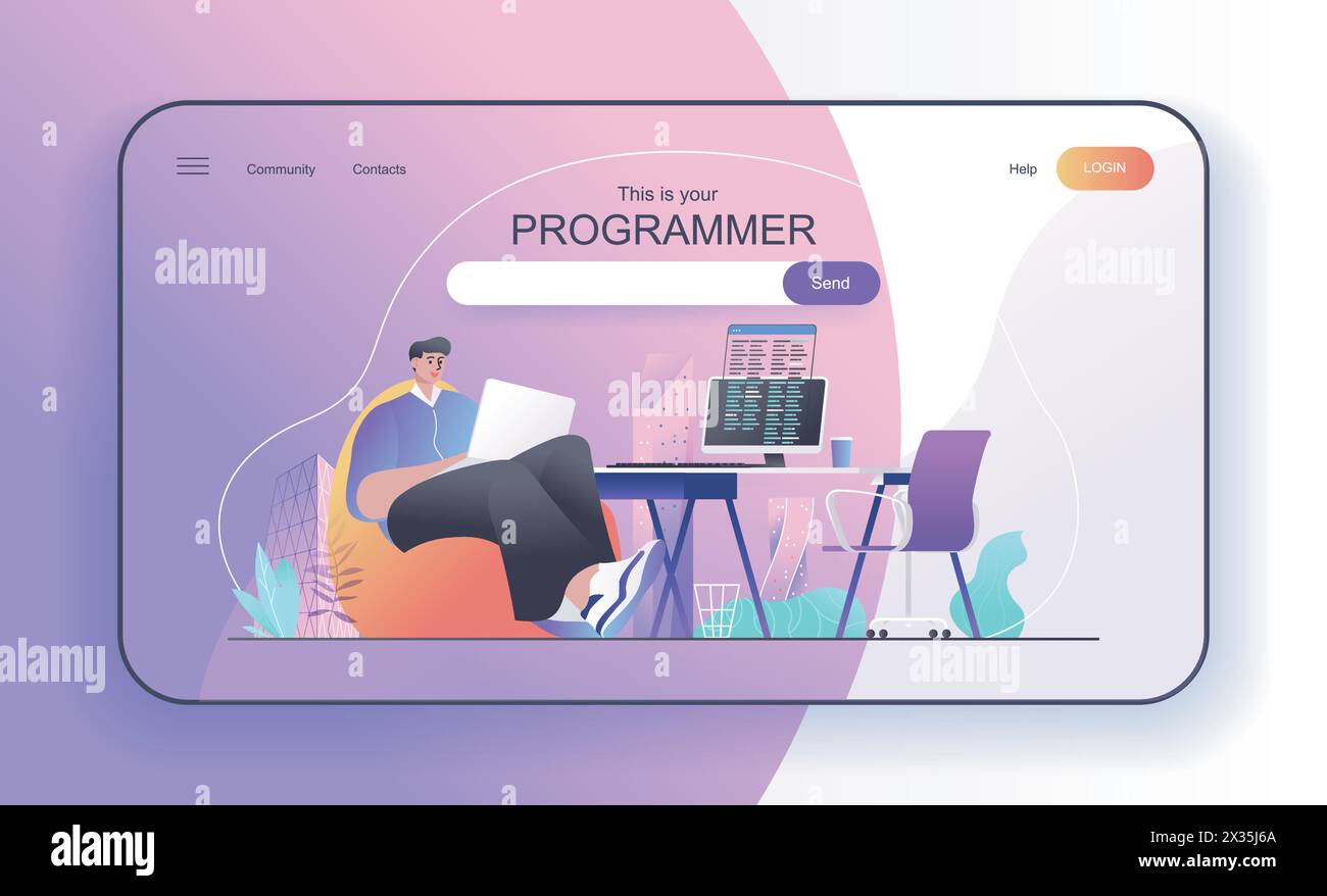 This is your Programmer concept for landing page. Developer works at laptop, writes code on computer, creates programs web banner template. Vector ill Stock Vector
