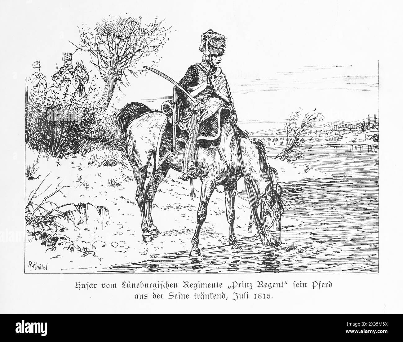 Hussar of the Lueneburg Regiment 'Prince Regent' watering his horse from the Seine, rider with
